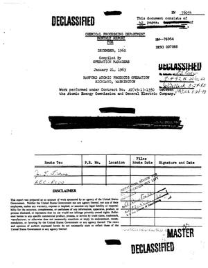 Chemical Processing Department Monthly Report: December 1962