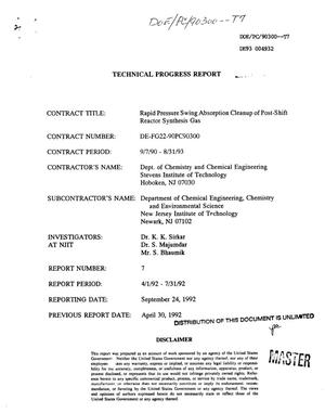 Rapid pressure swing absorption cleanup of post-shift reactor synthesis gas. Technical progress report, April 1, 1992--July 31, 1992