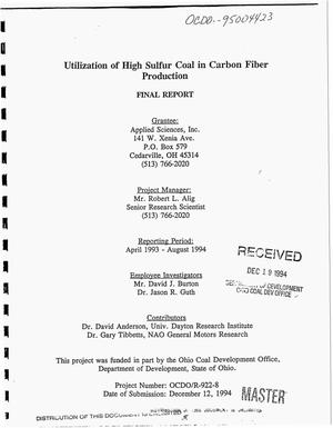 Primary view of object titled 'Utilization of high sulfur coal in carbon fiber production. Final report, April 1993--August 1994'.