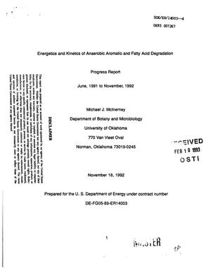 Energetics and kinetics of anaerobic aromatic and fatty acid degradation. Progress report, June 1991--November 1992