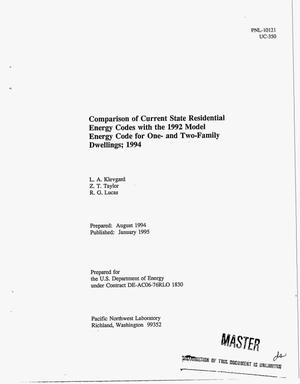 Comparison of current state residential energy codes with the 1992 model energy code for one- and two-family dwellings; 1994