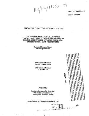 Primary view of object titled '180 MW demonstration of advanced tangentially-fired combustion techniques for the reduction of nitrogen oxide (NO{sub x}) emissions from coal-fired boilers. Technical progress report second quarter, 1991'.