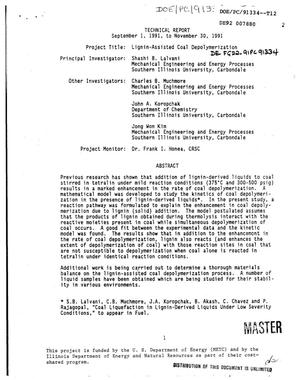 Lignin-assisted coal depolymerization. Technical report, September 1, 1991--November 30, 1991
