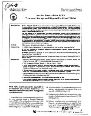 Location standards for RCRA Treatment, Storage, and Disposal Facilities (TSDFs). RCRA Information Brief