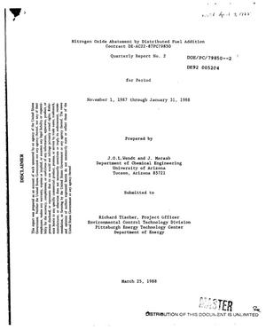 Nitrogen oxide abatement by distributed fuel addition. Quarterly report No. 2, November 1, 1987--January 31, 1988
