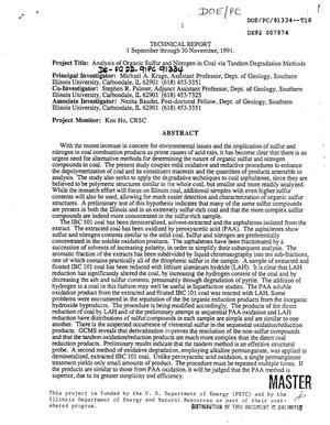 Analysis of organic sulfur and nitrogen in coal via tandem degradation methods. Technical report, 1 September--30 November 1991