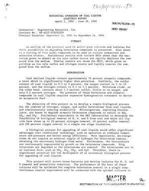 Biological upgrading of coal liquids. Quarterly report, April 1, 1992--June 30, 1992