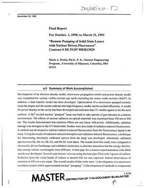 Remote pumping of solid state lasers with nuclear driven fluorescers. Final report, October 1, 1990--March 31, 1993