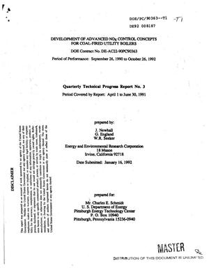 Development of advanced NO{sub x} control concepts for coal-fired utility boilers. Quarterly technical progress report No. 3, April 1--June 30, 1991