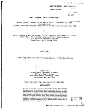 Direct liquefaction of low-rank coals. Annual technical report, April 1, 1987--March 31, 1988 including quarterly technical progress report, January--March 1988: Task 5.1