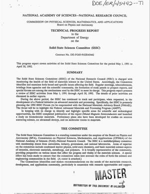 Technical progress report to the Department of Energy on the Solid State Sciences Committee (SSSC)