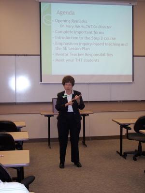 [Dr. Mary Harris speaking during Mentor Teacher Meeting event]