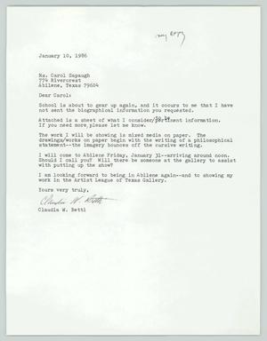 [Letter from Claudia W. Betti to Carol Sapaugh, January 10, 1986]