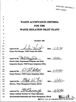Waste Acceptance Criteria for the Waste Isolation Pilot Plant. Revision 4