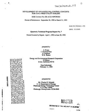 Development of advanced NO{sub x} control concepts for coal-fired utility boiler. Quarterly technical progress report No. 7, April 1, 1992--June 30, 1992