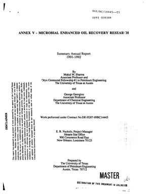 Primary view of object titled 'Microbial enhanced oil recovery research. Annex 5, Summary annual report, 1991--1992'.