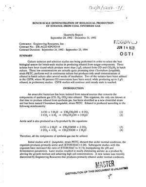 Bench-scale demonstration of biological production of ethanol from coal synthesis gas. Quarterly report, September 24, 1992--December 31, 1992