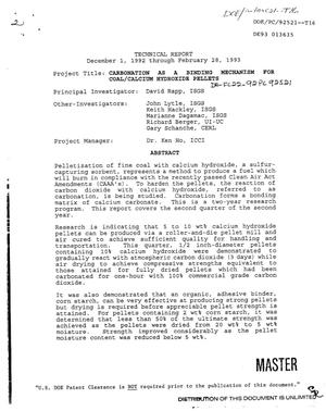 Carbonation as a binding mechanism for coal/calcium hydroxide pellets. Technical report, December 1, 1992--February 28, 1993