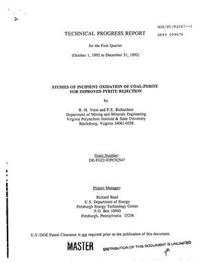 Studies of incipient oxidation of coal-pyrite for improved pyrite rejection. First quarterly technical progress report, October 1, 1992--December 31, 1992
