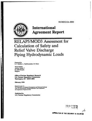 RELAP5/MOD3 assessment for calculation of safety and relief valve discharge piping hydrodynamic loads. International agreement report