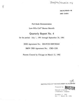 Full-scale demonstration Low-NO{sub x} Cell{trademark} Burner retrofit. Quarterly report No. 4, July 1, 1991--September 30, 1991