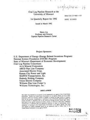 Coal log pipeline research at the University of Missouri. [Quarterly report No. 6, November 26, 1991--February 25, 1992]