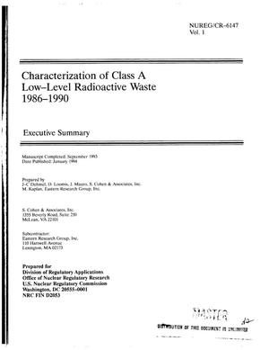 Characterization of Class A low-level radioactive waste 1986--1990. Volume 1: Executive summary