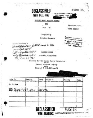 Hanford Works monthly report, July 1951