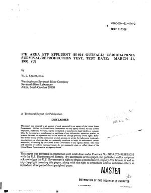 F/H Area ETF effluent (H-016 outfall), ceriodaphnia survival/reproduction test, test date: March 21, 1991