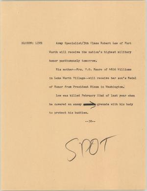 Primary view of object titled '[News Script: Law's military honor]'.