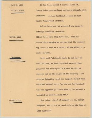 Primary view of object titled '[News Script: McKee's murder suspects]'.