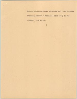 Primary view of object titled '[News Script: Author passes away]'.