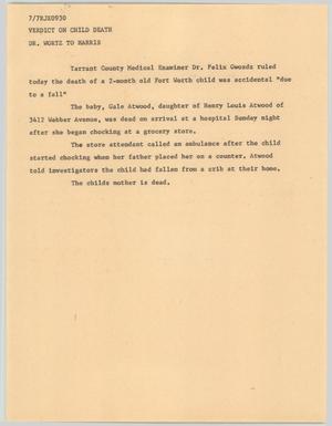 Primary view of object titled '[News Script: Verdict on child death]'.