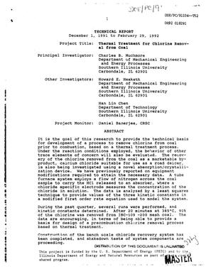 Thermal treatment for chlorine removal from coal. [Quarterly] technical report, December 1, 1991--February 29, 1992
