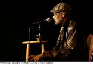 [Photograph of Melvin Van Peebles seated on stage at a film festival]