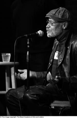 [Photograph of Melvin Van Peebles as he talks on a stage at 24-Hour Film Feast]