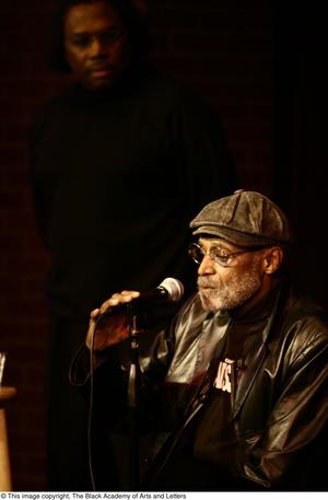 [Photograph of Melvin Van Peebles and an unidentified man on stage at a film festival]