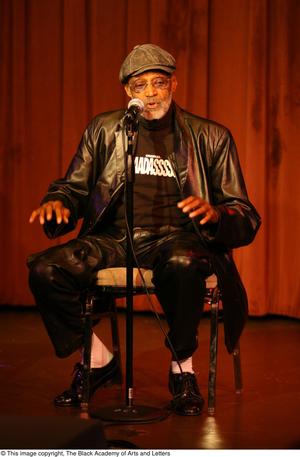 [Photograph of director Melvin Van Peebles speaking on stage at a film festival]