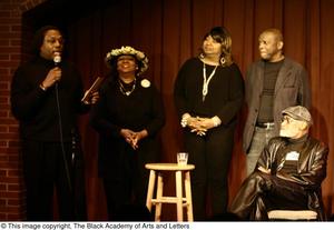 [Photograph of Curtis King, Barbara Steele, Isabell Cottrell, Melvin Van Peebles, and an unidentified man on stage]