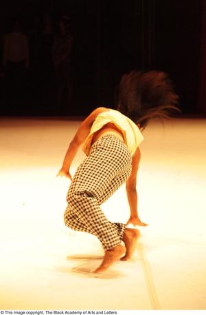 [Photograph of a dancer in checkered pants performing on stage]