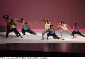[Photograph of eight individuals performing a dance on stage]