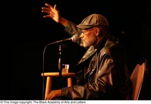 [Photograph of director Melvin Van Peebles seated on stage at a film festival]