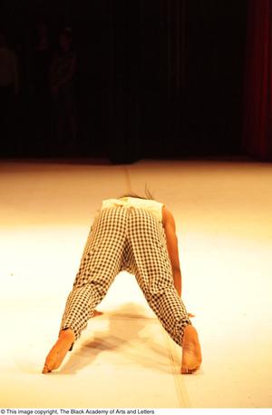 [Photograph of a dancer in checkered pants crawling on stage]