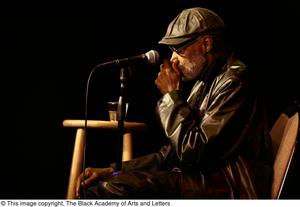 [Photograph of Melvin Van Peebles sitting on stage at a film festival]