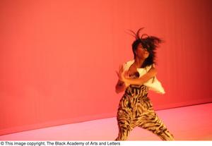 [Photograph of a woman dancing on stage in a zebra print outfit]