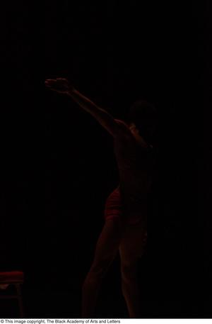 [Photograph of a dancer barely visible on a dark stage]
