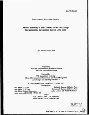 Primary view of object titled 'Annual summary of the contents of the Oak Ridge Environmental Information System (OREIS) 1993 data base'.