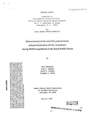Measurements of the total CO{sub 2} concentration and partial pressure of CO{sub 2} in seawater during WOCE expeditions in the South Pacific Ocean. Progress report, [January 1, 1993--December 31, 1993]