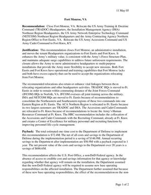 BRAC 2005 DoD Report, Army Justification Book (Ft. Monroe, VA)