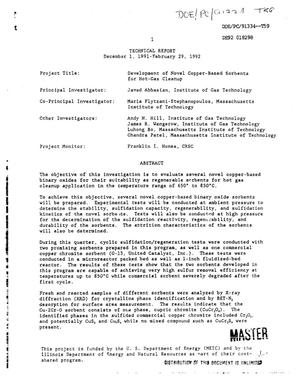Development of novel copper-based sorbents for hot-gas cleanup. [Quarterly] technical report, December 1, 1991--February 29, 1992